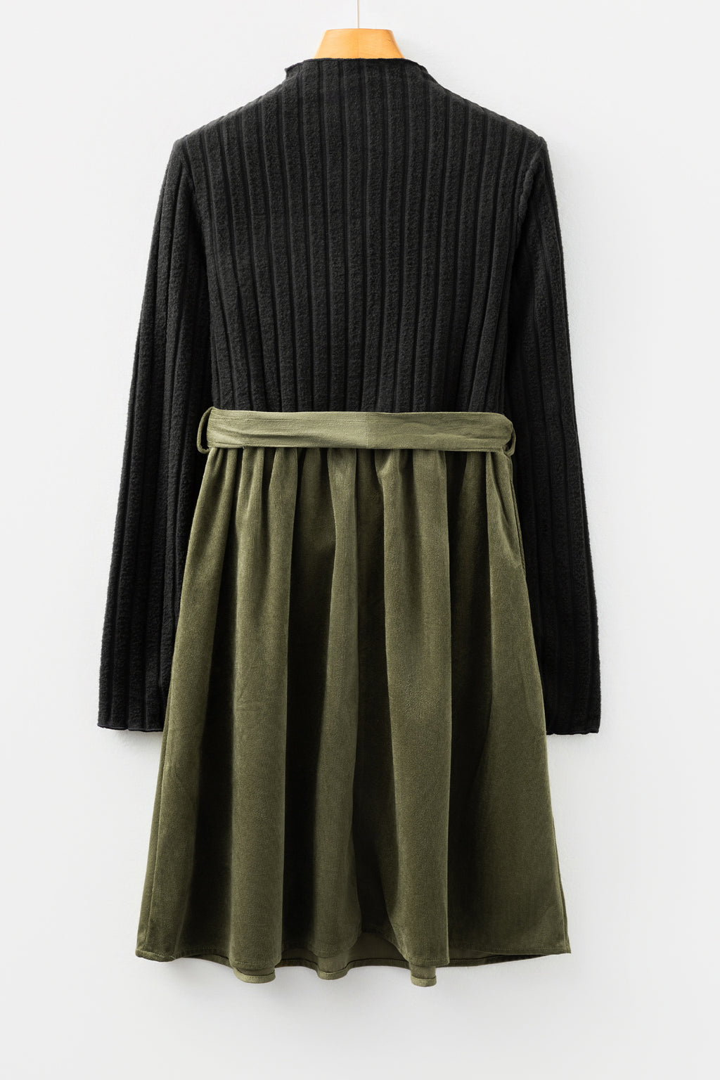 Black Ribbed Knit Slim Bodice Contrast Flared Skirt Patchwork Belted Dress